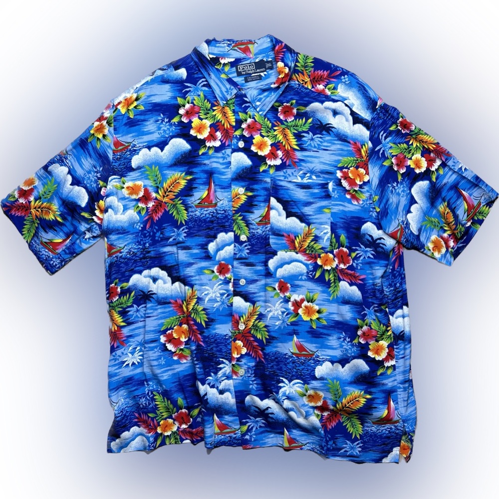 Vintage Polo Ralph Lauren Caldwell Hawaiian Shirt Mens XL Sailboat Floral Ocean